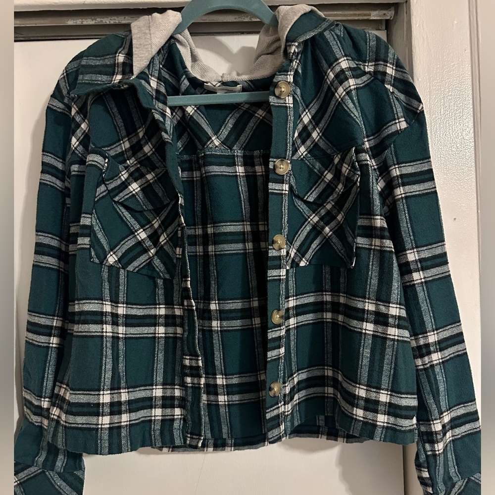 Women’s Teal Plaid Hooded Shacket Jacket